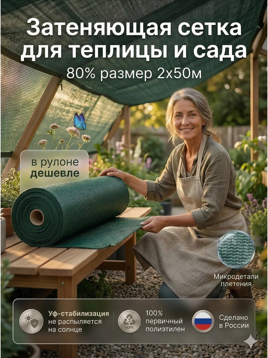 Затеняющая сетка 80% зеленая 2х50 м от солнца для теплицы — фото 1
